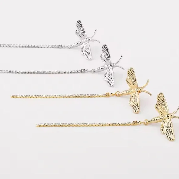 Zara Vintage Metal Dragonfly Rhinestone Tassel Dangling Earrings - Picture 4 of 6